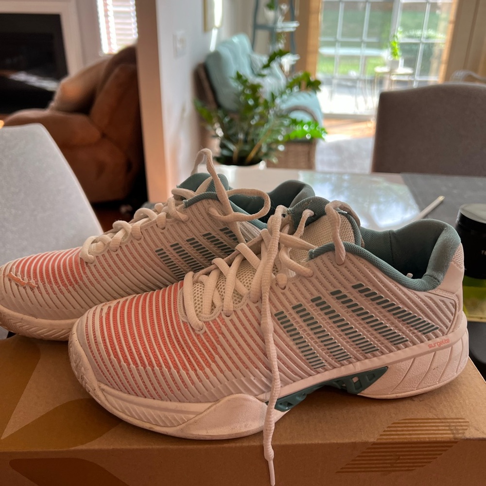 K-Swiss White and Coral Athletic Shoes